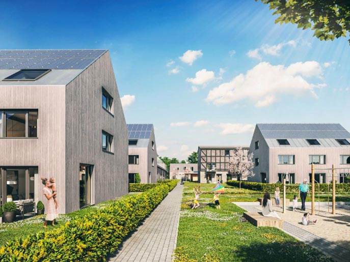 Das Foto zeigt eine Architektenzeichnung zum aktuellen Projekt W15 Wohnen in Zeestow von Mehr und Einfamilienhäusern dass von Wittfoth Bauträger Berlin und Brandenburg betreut wird.