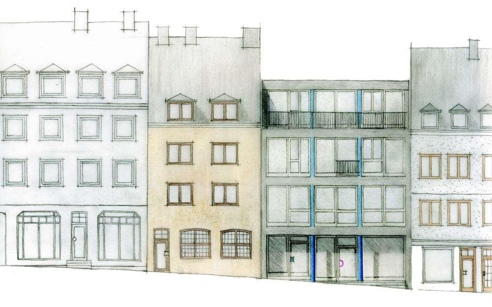 Das Bild zeigt eine technische Zeichnung einer Häuserfassade und dient als Beitragsbild zum Thema 'Bieterverfahren in der Bauphase' von Wittfoth Bauträger Berlin, Potsdam und Brandenburg.